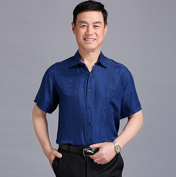 夏季中老年男装纯真丝衬衫短袖桑蚕丝男士衬衣父亲装上衣过寿送礼