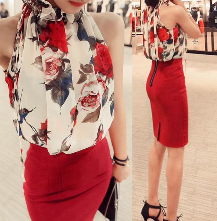 2015 Korean version of the two-piece suit skirt summer sexy nightclub Slim package hip sleeveless printed chiffon dress summer