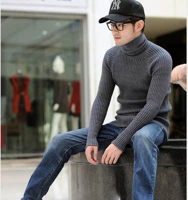 秋冬加厚男士羊毛衫韩版修身高领男毛衣针织衫纯色翻领套头打底衫