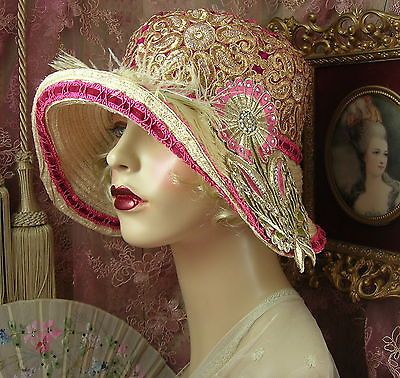 海外代购 欧式女礼帽子1920s vintage金粉红羽毛 钟形女帽 挡板