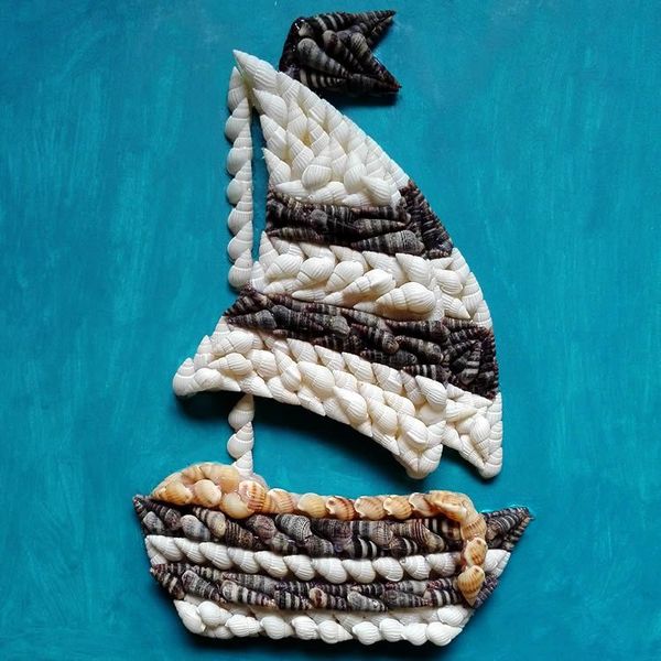 地中海帆船装饰画 客厅沙发背景墙挂画 餐厅创意贝壳工艺立体壁画