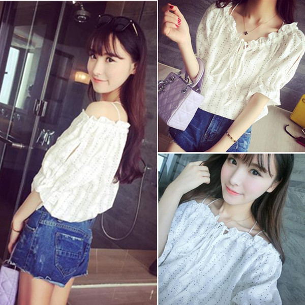 夏装新款2016韩版学院风可爱减龄一字大圆领露肩泡泡袖雪纺衫上衣