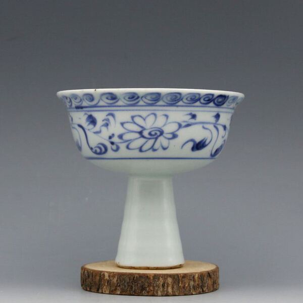 元代 青花竹节 穿花纹 高足杯 古董瓷器古玩古瓷器老货旧货收藏