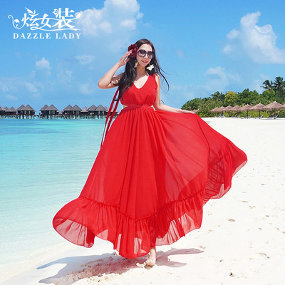 2015夏季女红色雪纺连衣裙无袖超长款大码显