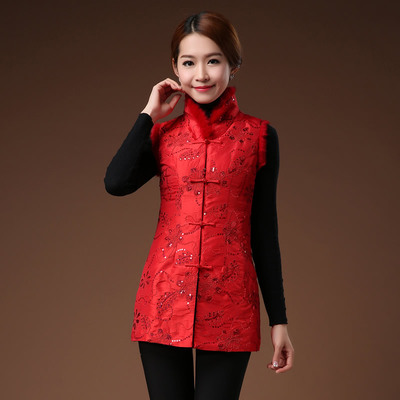 映华秋冬新款唐装棉马夹过年红色棉马甲喜庆棉背心女士中式棉坎肩