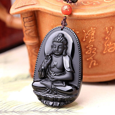 五方本命佛黑曜石三奇吊坠 属猪本命佛阿弥陀佛