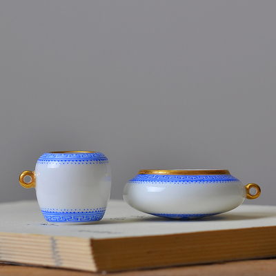 汉缘 景德镇手绘宝石蓝雅致花纹本金描口描耳绣眼罐鸟食罐 鸟杯