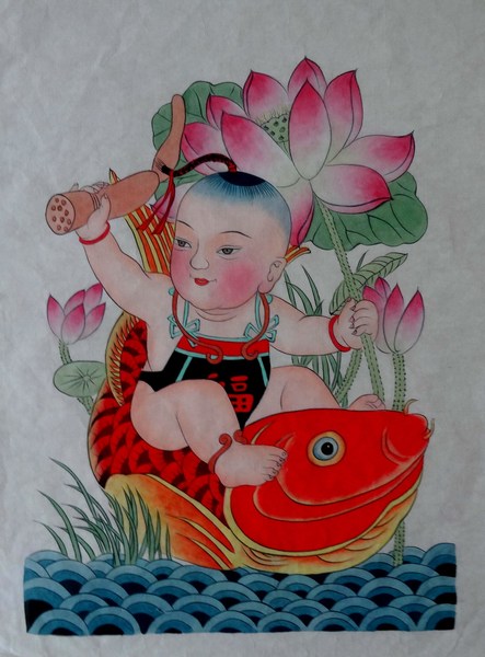 杨柳青年画 画心 连年有余 手绘 吉祥寓意 娃娃骑鱼 34x45cm