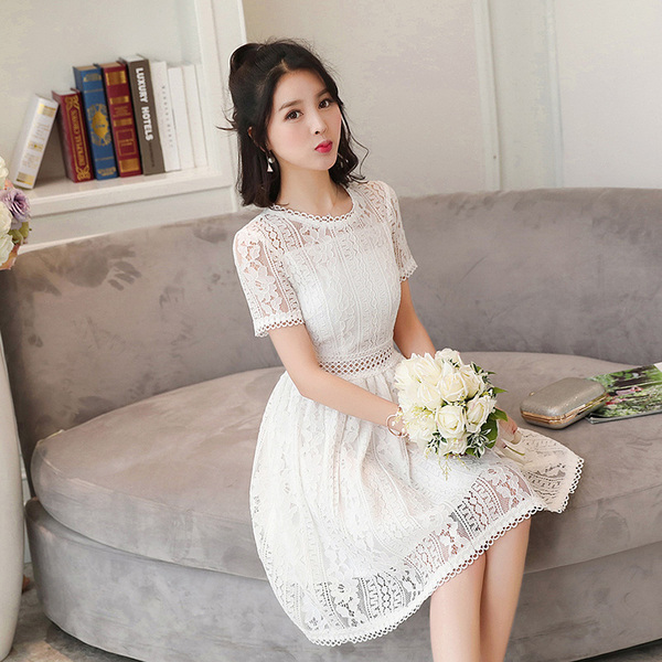 2017夏装修身镂空蕾丝花边连衣裙短袖修身纯色公主裙甜美小白裙女