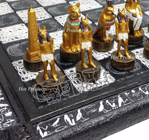 美国代购 象棋埃及象棋w 16黑色白色埃及象形文字精致棋盘