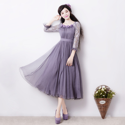 女装雪纺连衣裙 蕾丝拼接修身大摆长裙_价格_评价_怎麼样 - 淘宝网