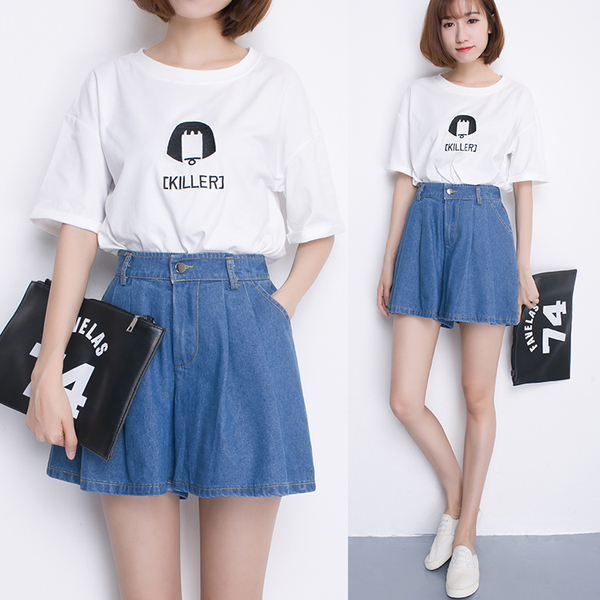 韩版牛仔裤女装裤裙夏季宽松高腰阔腿裤子2016新款松紧腰短裤热裤