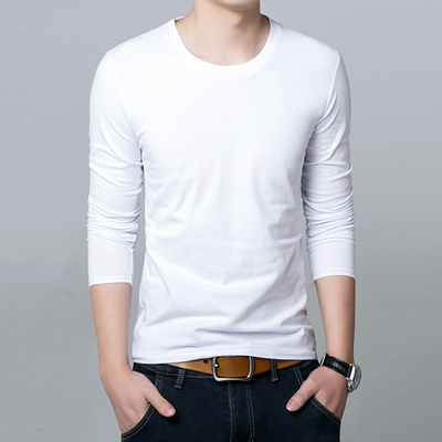 男t恤男士长袖t恤衫 纯白色t恤修身纯棉潮男士圆领打底衫纯色t恤