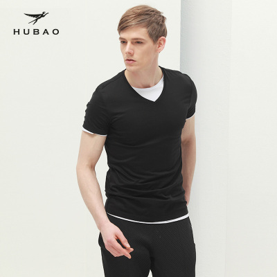 虎豹夏季纯色短袖t恤男v领修身黑色半袖t桖弹力透气免烫打底衫