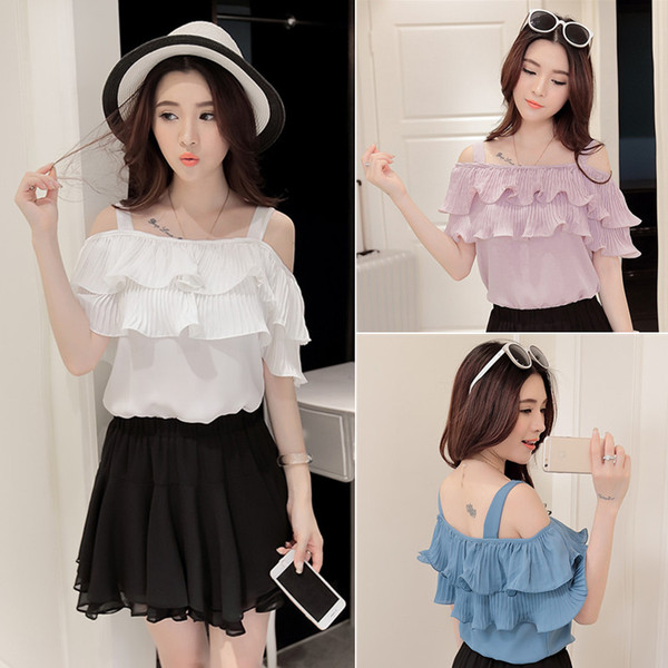 性感吊带露肩雪纺衫2016夏款百搭宽松百褶一字领荷叶边上衣女短袖