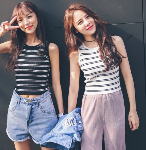 韩国夏装新款打底背心百搭修身显瘦露脐装条纹弹力针织无袖T恤女