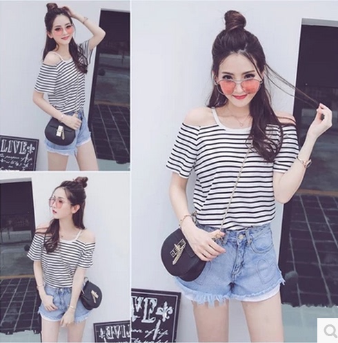 学院风条纹女装夏天个性感露肩短袖T恤韩版学生休闲宽松上衣服潮