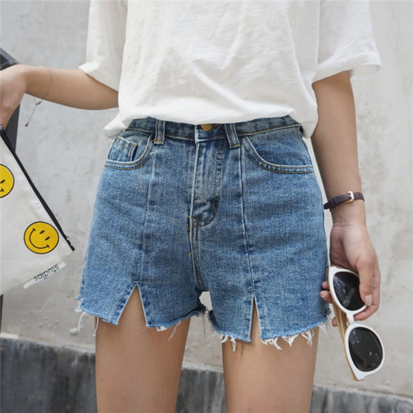 韩国ulzzang复古做旧开叉毛边宽松显瘦破洞高腰学生牛仔短裤女夏