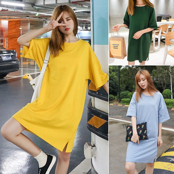 韩版2017春季新款简约宽松休闲开叉五分袖中长款T恤女连衣裙学生