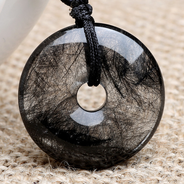 三缘证宝天然黑发晶吊坠 男士项链女饰品黑水晶平安扣礼物 jt18p