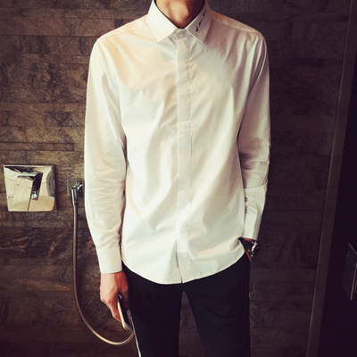 yuenv男士领口英文字母刺绣 纯色修身衬衫