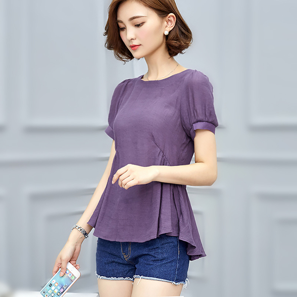 女士收腰裙摆棉麻上衣韩版简约夏季女装修身显瘦大码裙式短袖t恤