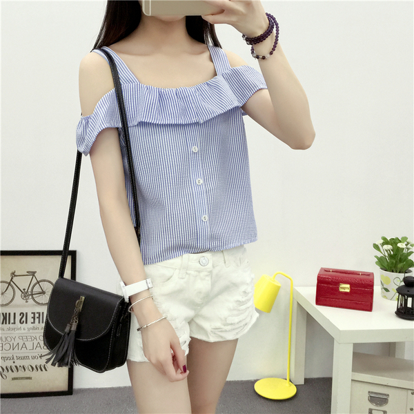 夏季新款 小清新学院风短款衬衫 俏皮蓝条纹一字领露肩吊带小上衣