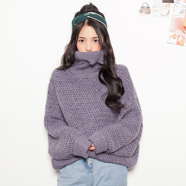 秋冬宽松蝙蝠袖高领粗棒针毛衣女套头加厚中长款韩版针织外套上衣
