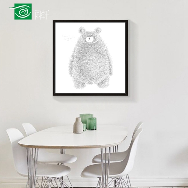 素描小熊黑白现代极简装饰画客厅挂画简约餐厅壁画卧室墙画有框画