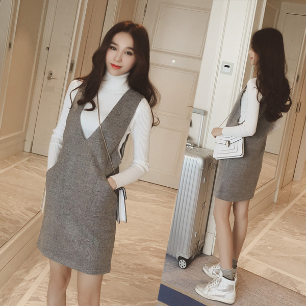 2016秋冬新款韩版女装V领无袖背带裙子打底显瘦背心裙毛呢连衣裙