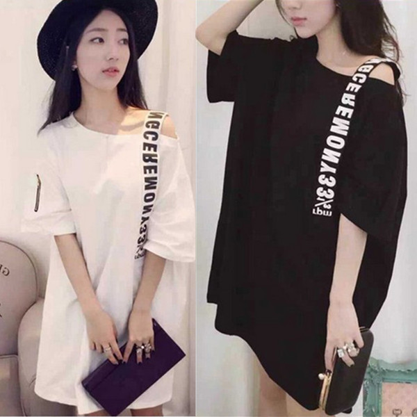衣服2017新款 欧美 单肩吊带字母宽松中长T连衣裙潮