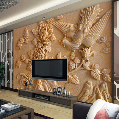 3d无缝 墙纸壁画壁纸 立体浮雕石雕凤凰牡丹 电视沙发客厅 背景墙
