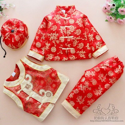秋冬唐装马甲四件套装宝宝过新年男童周岁庆生