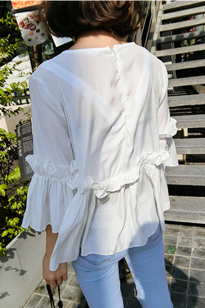 早春新款女装纯色后背拉链甜美荷叶边七分喇叭袖套头雪纺衫上衣