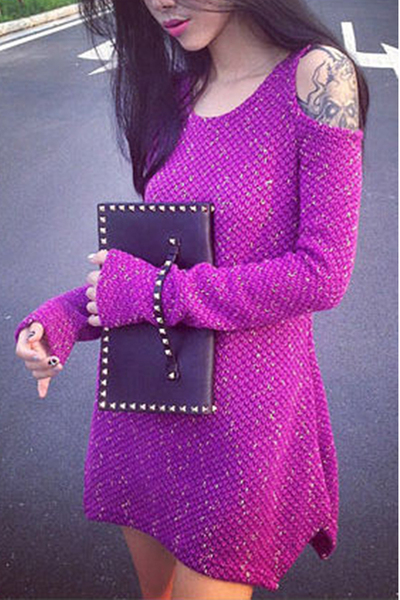 2017早春新款女装气质性感露肩修身显瘦长袖打底开叉毛衣连衣裙女