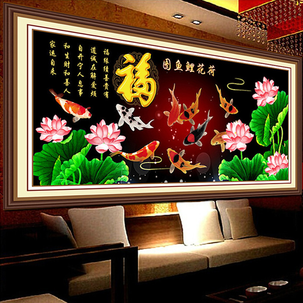 5d钻石画荷花鱼福图钻石绣九鱼贴钻画圆钻客厅砖石秀 点钻十字绣