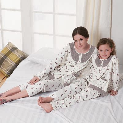 情牵一线秋季亲子装女童睡衣针织猫咪格子长袖纯棉套装家居服