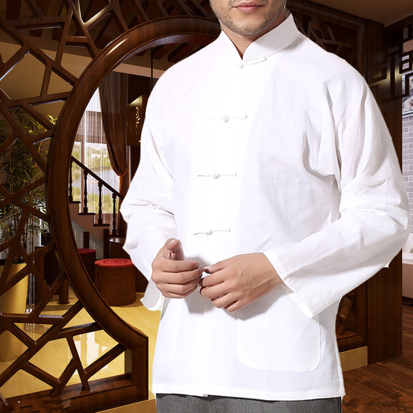春装复古亚麻男士唐装民族服装棉麻打底衫衬衫男装长袖白色上衣男