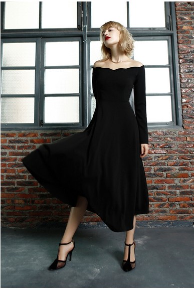 欧美波浪一字领长袖长款礼服连衣裙露肩高腰大摆赫本小黑裙秋冬