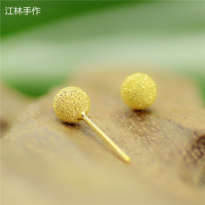 江林手作银金磨砂豆豆耳钉女 韩黄金色圆珠钉砂情侣防过敏耳饰