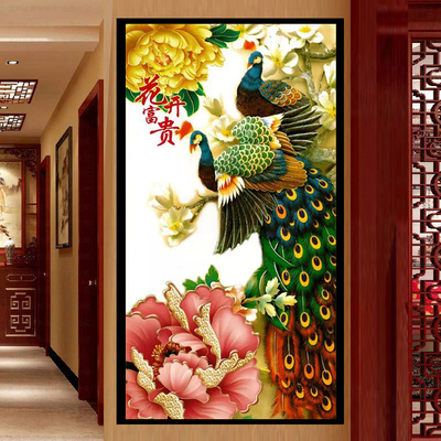 新品印花十字绣牡丹花开富贵孔雀图最新款十字绣卧室客厅竖版系列