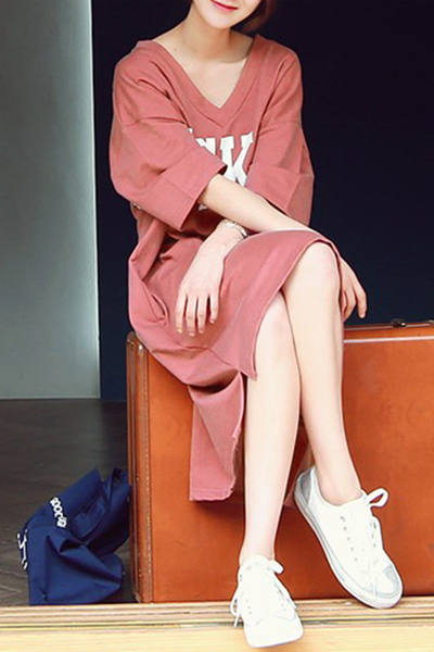 2017春装韩版V领卡通连衣裙前短后长大码宽松长款短袖t恤裙女夏