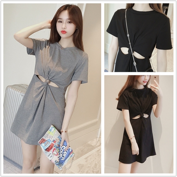 早春新款女装性感镂空露腰高腰修身显瘦a字绑带短袖打底连衣裙女