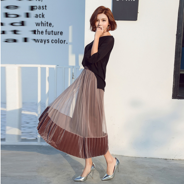 女装新款韩版时尚气质网纱裙金丝绒百褶半身裙秋冬高腰休闲中长裙