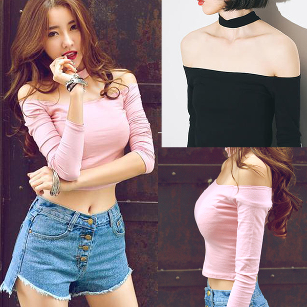 夜店韩版短款一字领漏肩上衣女紧身挂脖T恤露脐长袖T恤低胸打底衫