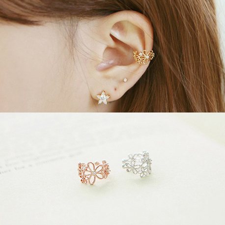 可爱水钻花朵耳骨夹假耳钉夹耳环 耳夹无耳洞耳饰 韩国时尚饰品女