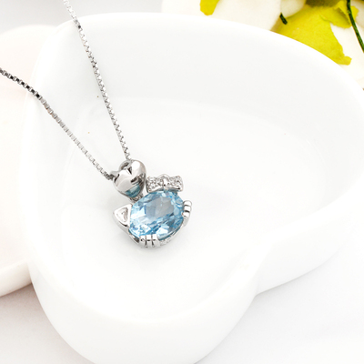 顶好饰品 925纯银项链女 天然托帕石水晶猫咪镶钻吊坠短款锁骨链