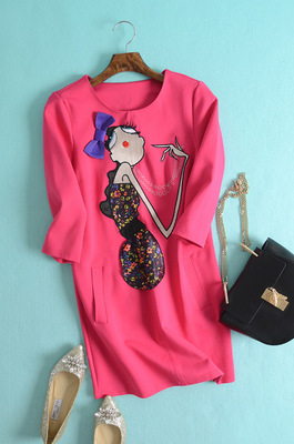 春季新品 卡通小人 蝴蝶结修身七分袖连衣裙 cq-820 [b13-01]