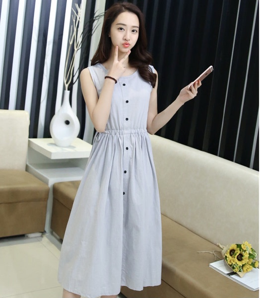 早春新款女装小清新复古纯色收腰修身显瘦无袖背心连衣裙中长裙女