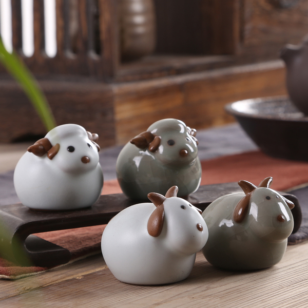 羊年大吉 创意q版卡通造型 山羊动物茶宠 汝窑茶具摆件 汝瓷香宠
